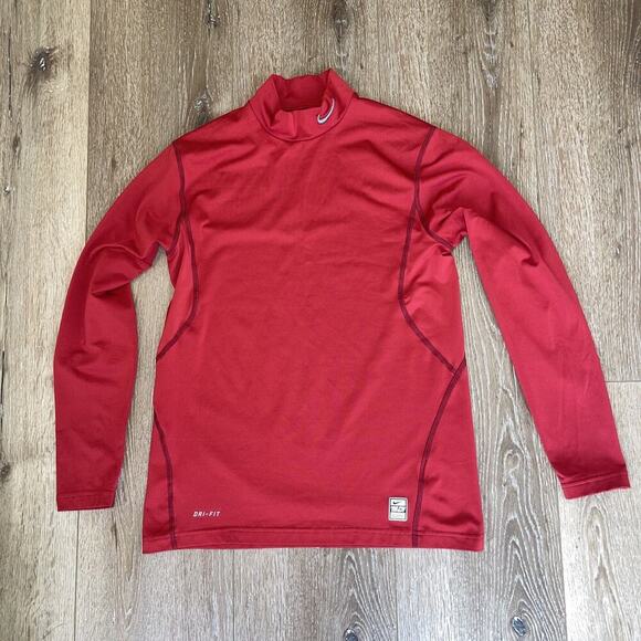 Nike Pro Fitted Mock Neck Shirt Size Medium Red Long Sleeve Embroidered Logo - Picture 1 of 11